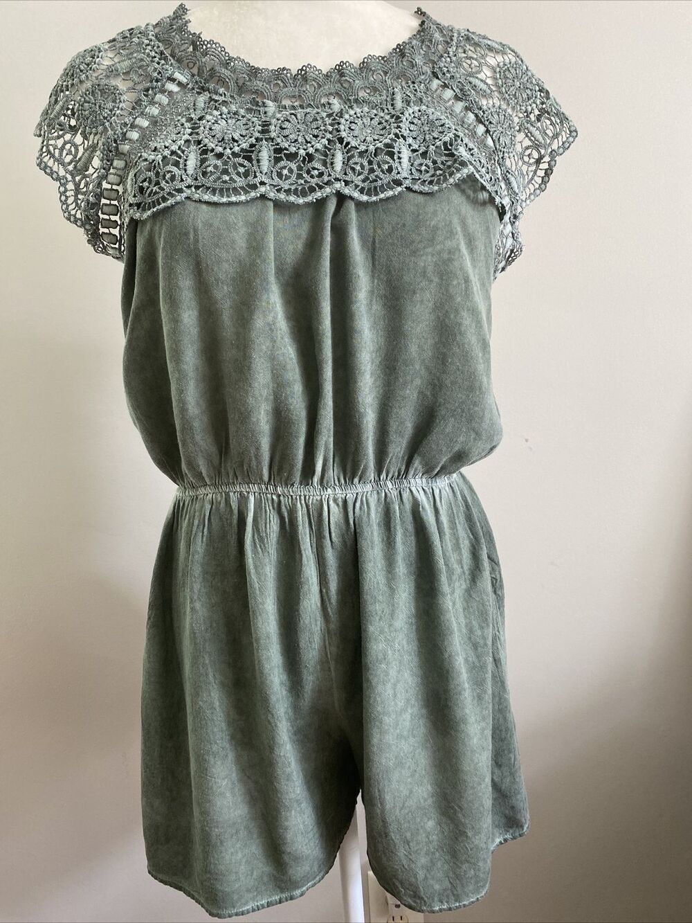 Women Romper M Lace Green Summer Crochet Rayon Short